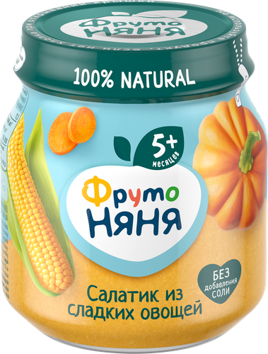 Пюре овощное ФРУТОНЯНЯ Салатик из сладких овощей, кукуруза, тыква и морковь, с 5 месяцев, 110г, фотография