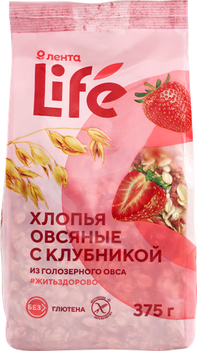 Хлопья овсяные безглютеновые ЛЕНТА LIFE с клубникой, 375г, крупный план