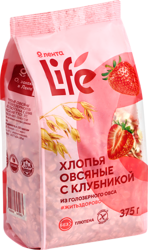Хлопья овсяные безглютеновые ЛЕНТА LIFE с клубникой, 375г, крупный план