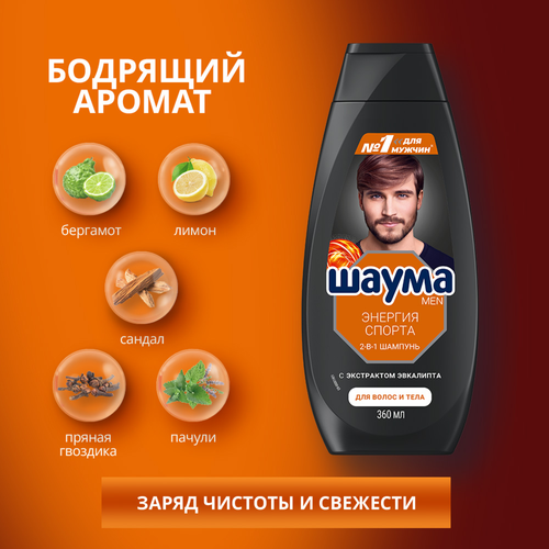 Шампунь для волос мужской ШАУМА Men Энергия спорта 2в1, 360мл, фотография