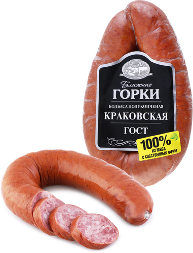 Колбаса полукопченая БЛИЖНИЕ ГОРКИ Краковская ГОСТ, 350г, детальное фото