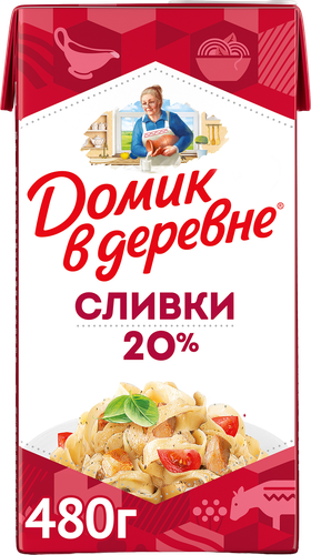 Сливки стерилизованные ДОМИК В ДЕРЕВНЕ 20%, без змж, 480г, крупный план