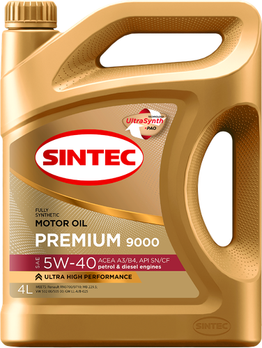 Масло моторное SINTEC Premium 9000 5W–40 A3/B4, 4л, крупный план