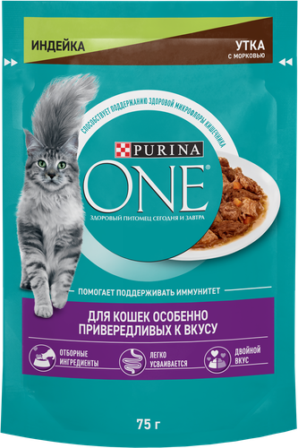 Корм влажный для кошек PURINA ONE Привередливые к вкусу Индейка, утка и морковь, 75г, вид