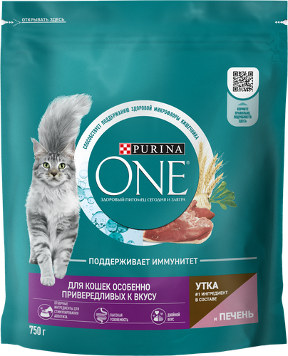 Корм сухой для кошек PURINA ONE Привередливые к вкусу Утка и печень, 750г, изображение