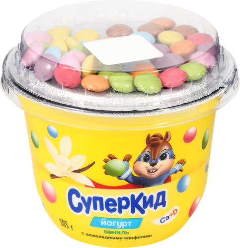 Йогурт САВУШКИН Суперкид Ваниль, конфеты с топпером 2%, без змж, 103г, вид