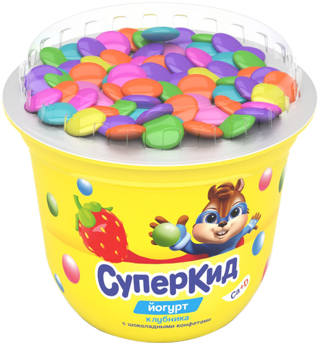 Йогурт САВУШКИН Суперкид Клубника, конфеты с топпером 2%, без змж, 103г, фотография