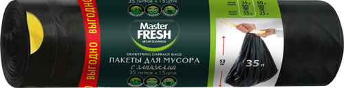 Пакеты для мусора MASTER FRESH с завязками, 35л, черные, 15шт, крупный план