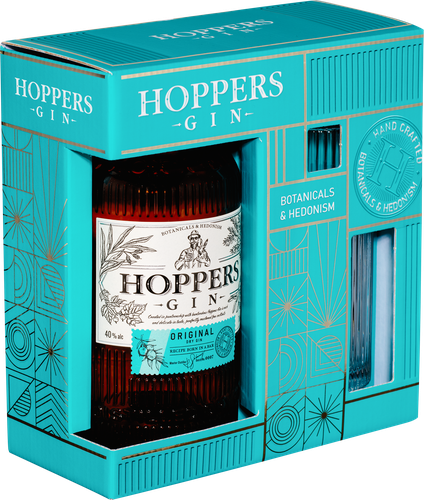 Джин HOPPERS Ориджинал Драй 40%, со стаканом, п/у, 0.7л, крупный план