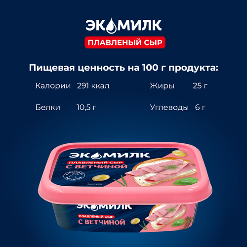 Сыр плавленый ЭКОМИЛК Сливочный с ветчиной 55%, без змж, 180г, крупный план