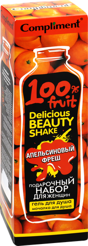 Набор подарочный женский COMPLIMENT Delicious Beauty Shake Апельсиновый фреш Гель для душа, 250мл+мочалка, фотография