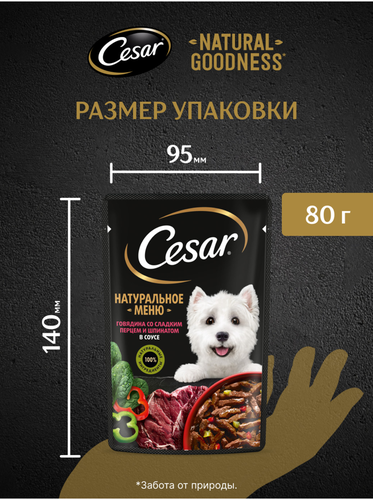 Корм влажный для взрослых собак CESAR Натуральное меню с говядиной, паприкой и шпинатом в соусе, 80г, фото
