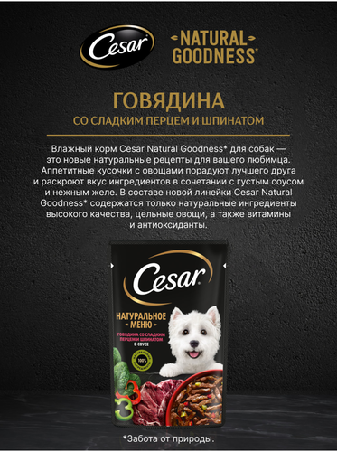 Корм влажный для взрослых собак CESAR Натуральное меню с говядиной, паприкой и шпинатом в соусе, 80г, картинка