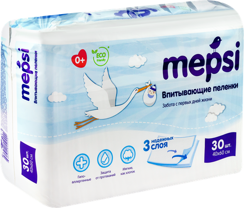 Пеленки детские MEPSI впитывающие 40х60, 30шт, картинка