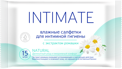 Салфетки влажные для интимной гигиены INTIMATE с экстрактом ромашки, 15шт, вид