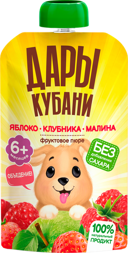 Пюре фруктово-ягодное ДАРЫ КУБАНИ Яблоко, клубника и малина, с 6 месяцев, 90г, крупный план