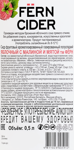Сидр фруктовый FERN CIDER Яблочный с малиной и мятой полусладкий газированный 5%, 0.5л, вид