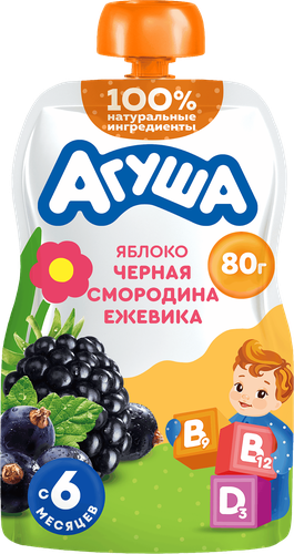 Пюре фруктово-ягодное детское АГУША Укрепляй-ка Яблоко, черная смородина и ежевика, с 6 месяцев, 80г, изображение