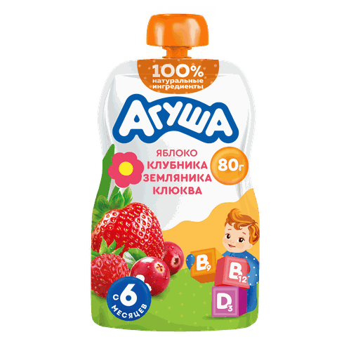 Пюре фруктово-ягодное детское АГУША Укрепляй-ка Яблоко, клубника, земляника и клюква, с 6 месяцев, 80г, детальное фото