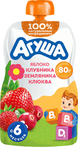 Пюре фруктово-ягодное детское АГУША Укрепляй-ка Яблоко, клубника, земляника и клюква, с 6 месяцев, 80г, картинка