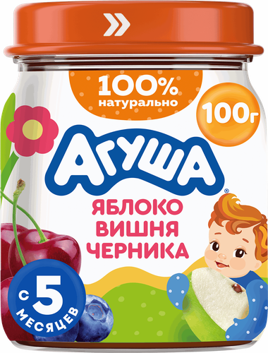 Пюре фруктово-ягодное детское АГУША Яблоко, вишня и черника, с 5 месяцев, 100г, детальное фото