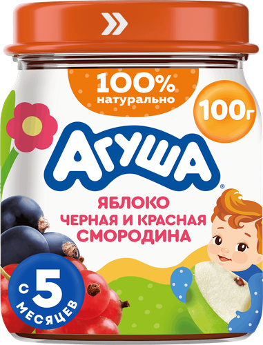 Пюре фруктово-ягодное АГУША Яблоко, черная и красная смородина, с 5 месяцев, 100г, крупный план