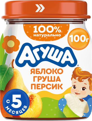 Пюре фруктовое детское АГУША Яблоко, груша и персик, с 5 месяцев, 100г, фотография