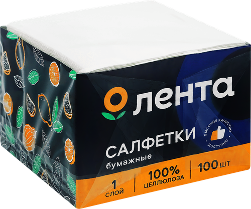 Салфетки бумажные ЛЕНТА белые 1-слой, 24х24см, 100шт, вид