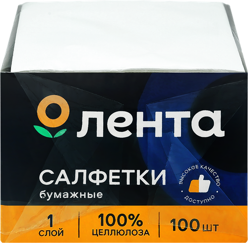 Салфетки бумажные ЛЕНТА белые 1-слой, 24х24см, 100шт, детальное фото
