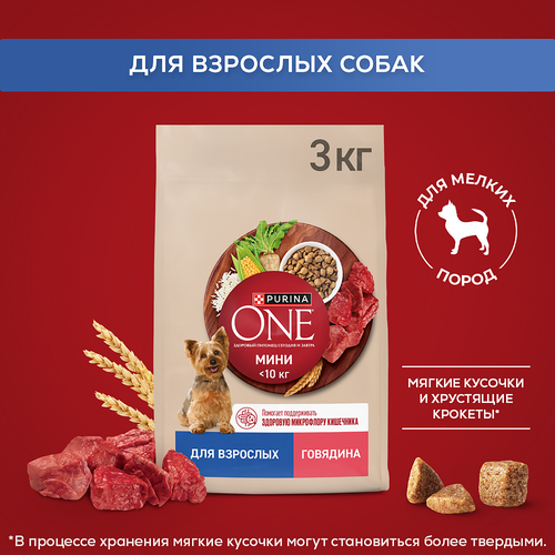 Корм сухой для взрослых собак PURINA ONE мелких и карликовых пород, с высоким содержанием говядины и с рисом, 3кг, вид