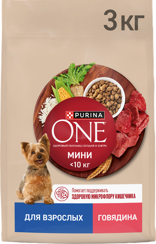 Корм сухой для взрослых собак PURINA ONE мелких и карликовых пород, с высоким содержанием говядины и с рисом, 3кг, вид