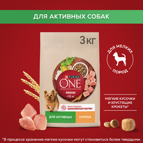Корм сухой для собак PURINA ONE Мини, для мелких пород с активным образом жизни, с высоким содержанием курицы и с рисом, 3кг, крупный план