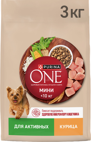 Корм сухой для собак PURINA ONE Мини, для мелких пород с активным образом жизни, с высоким содержанием курицы и с рисом, 3кг, вид