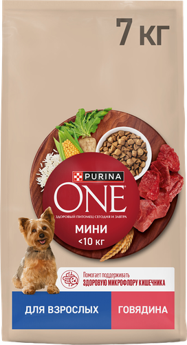 Корм сухой для собак PURINA ONE Мини, для мелких и карликовых пород, с высоким содержанием говядины и с рисом, 7кг, картинка