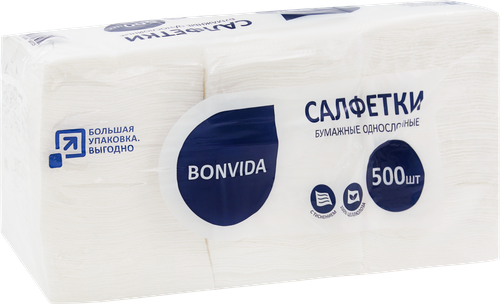 Салфетки бумажные BONVIDA белые 1-слой, 500шт, картинка
