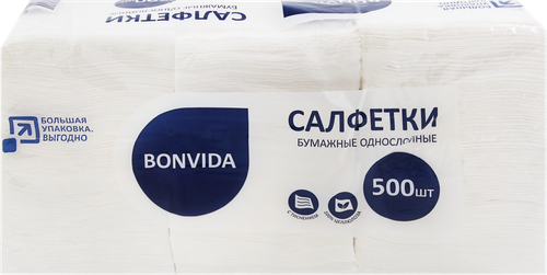 Салфетки бумажные BONVIDA белые 1-слой, 500шт, фотография
