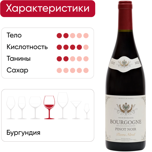 Вино BOURGOGNE PINOT NOIR PIERRE NEROL выдержанное сортовое красное сухое, 0.75л, картинка