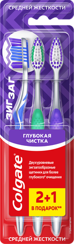 Зубная щетка COLGATE Зиг Заг многофункциональная, средней жесткости, 2+1, 3шт, изображение