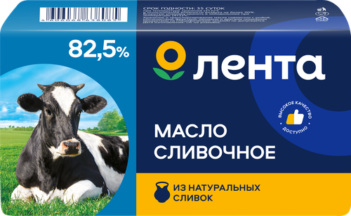 Масло сливочное ЛЕНТА высший сорт 82,5% ГОСТ, без змж, 380г, вид