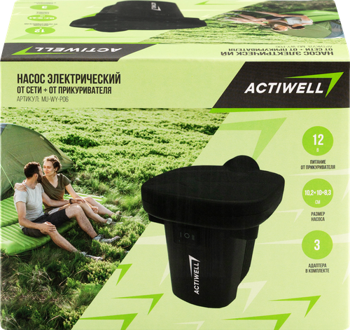 Насос электрический ACTIWELL 10,2х10х8,3см с тремя насадками, от сети и от прикуривателя 220В/12В, Арт. MU-WY-P06, детальное фото