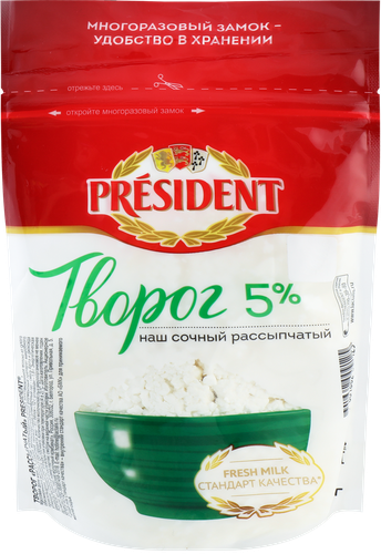 Творог рассыпчатый PRESIDENT 5%, без змж, 450г, фотография