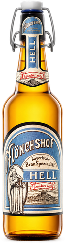Пиво светлое MONCHSHOF Hell фильтрованное пастеризованное 4,9%, 0.5л, крупный план