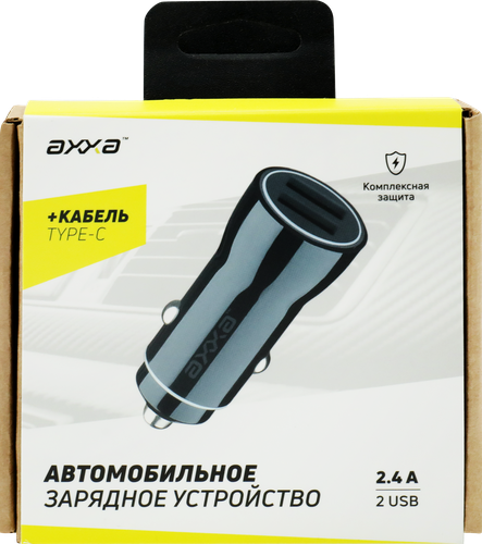 Зарядное устройство автомобильное AХХА 1м, 2 USB 2,4А USB-C дата-кабель, черный, Арт. 2233, фотография