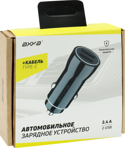 Зарядное устройство автомобильное AХХА 1м, 2 USB 2,4А USB-C дата-кабель, черный, Арт. 2233, вид