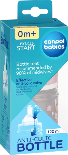 Бутылочка для кормления CANPOL BABIES EasyStart 120мл, антиколиковая с широким горлышком, с 0 месяцев, в ассортименте, Арт. 35/216_blu, 35/216_pin, крупный план