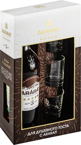 Коньяк АРАРАТ Армянский ординарный 5 лет 40%, с 3 стаканами, п/у, 0.7л, вид