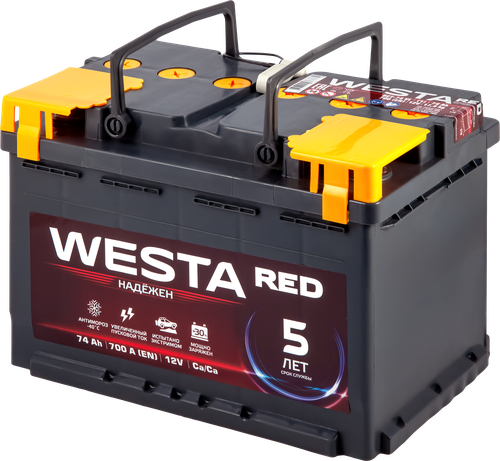 Батарея аккумуляторная WESTA RED 6ст-74, прямая полярность, крупный план