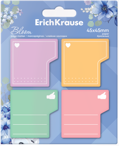 Закладки ERICHKRAUSE Pastel bloom клейкие бумажные, 4,5х4,5см, 80 листов, 4 цвета, Арт. 61771, детальное фото