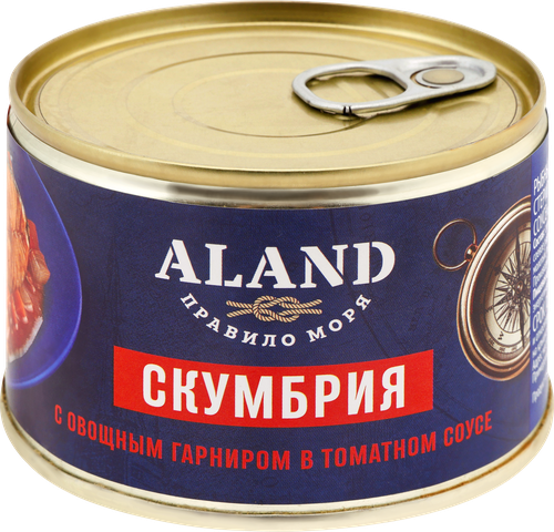 Скумбрия Дальневосточная ALAND с овощным гарниром в томатном соусе, 245г, крупный план