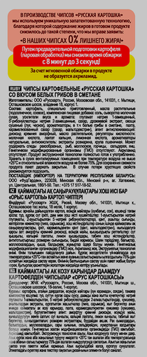Чипсы картофельные РУССКАЯ КАРТОШКА со вкусом белых грибов в сметане, 105г, крупный план
